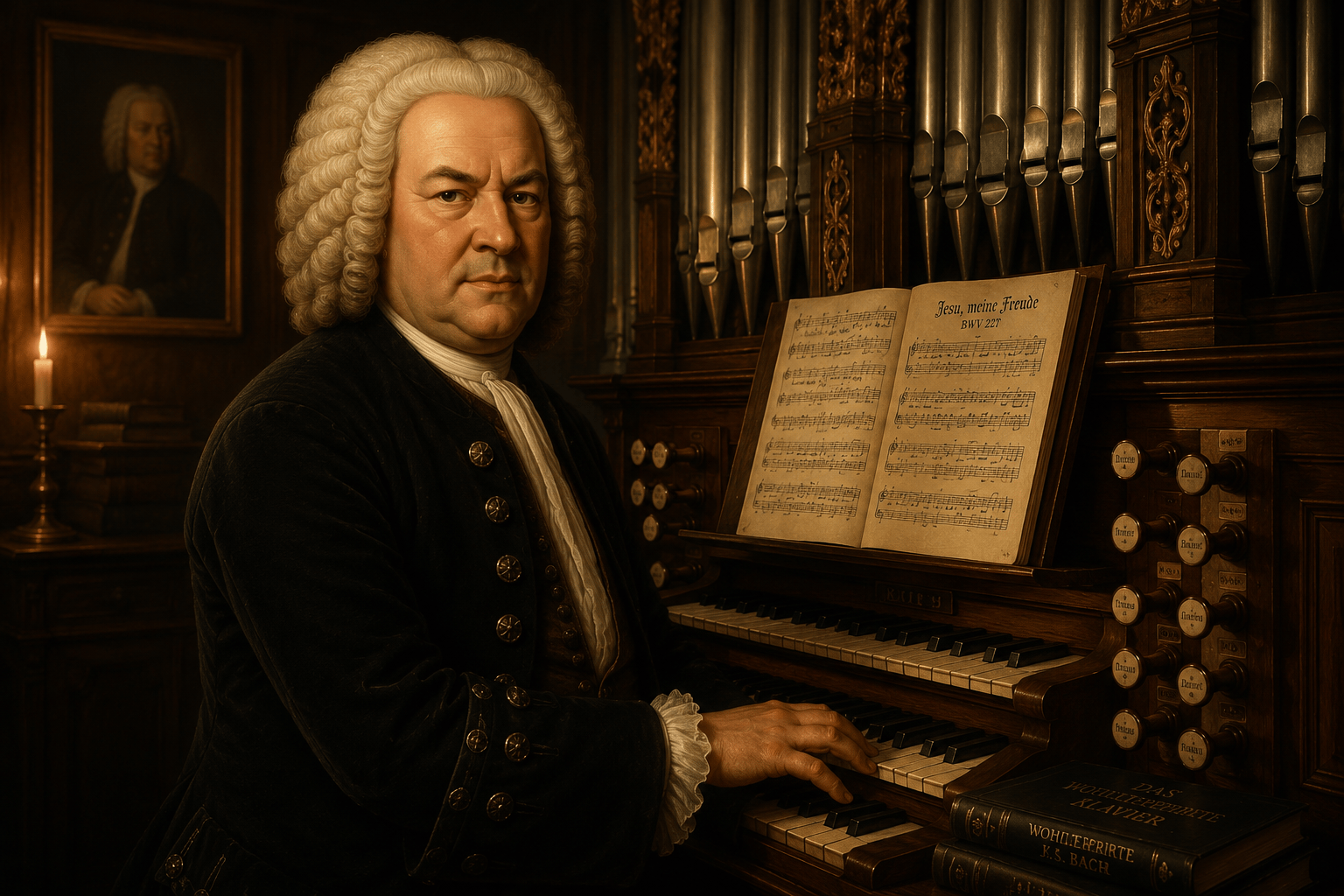 Johann Sebastian Bach seated at an organ in a candlelit music room