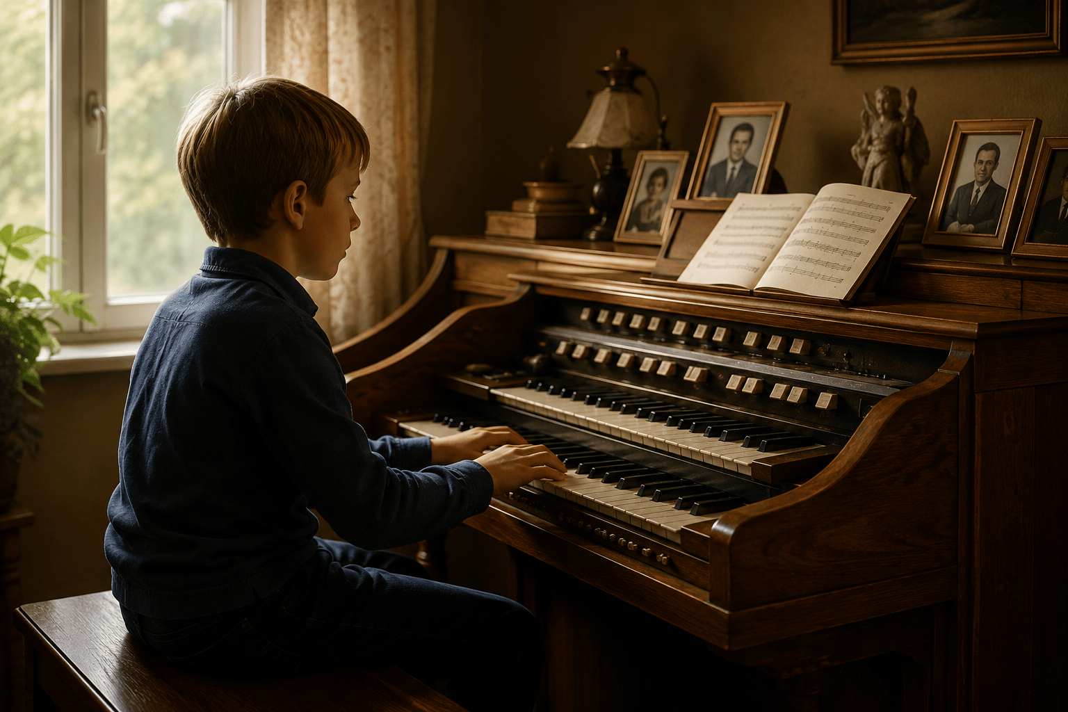 A young boy playing an organ in a warm family home