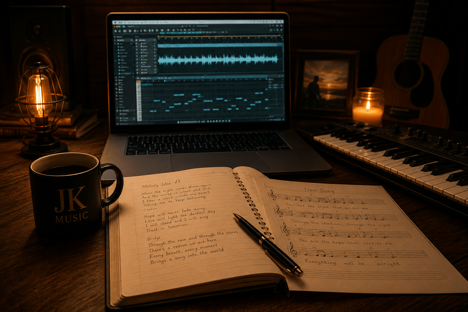 A warm home studio workspace with a laptop, handwritten lyrics and musical instruments