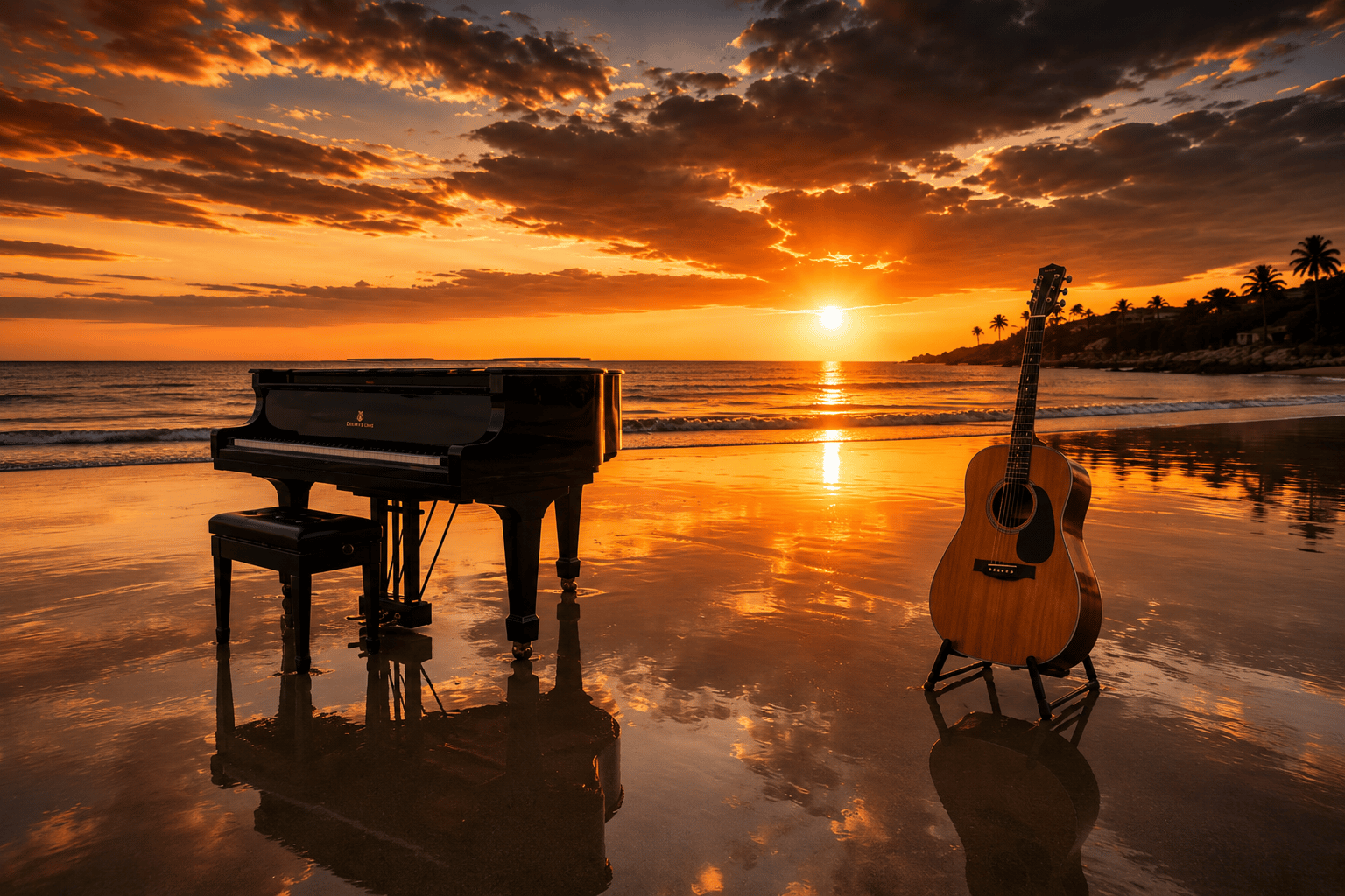 Grand piano and acoustic guitar on a beach at sunset