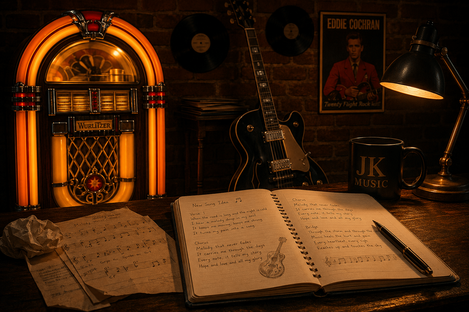 A warmly lit vintage jukebox, guitar and handwritten song lyrics