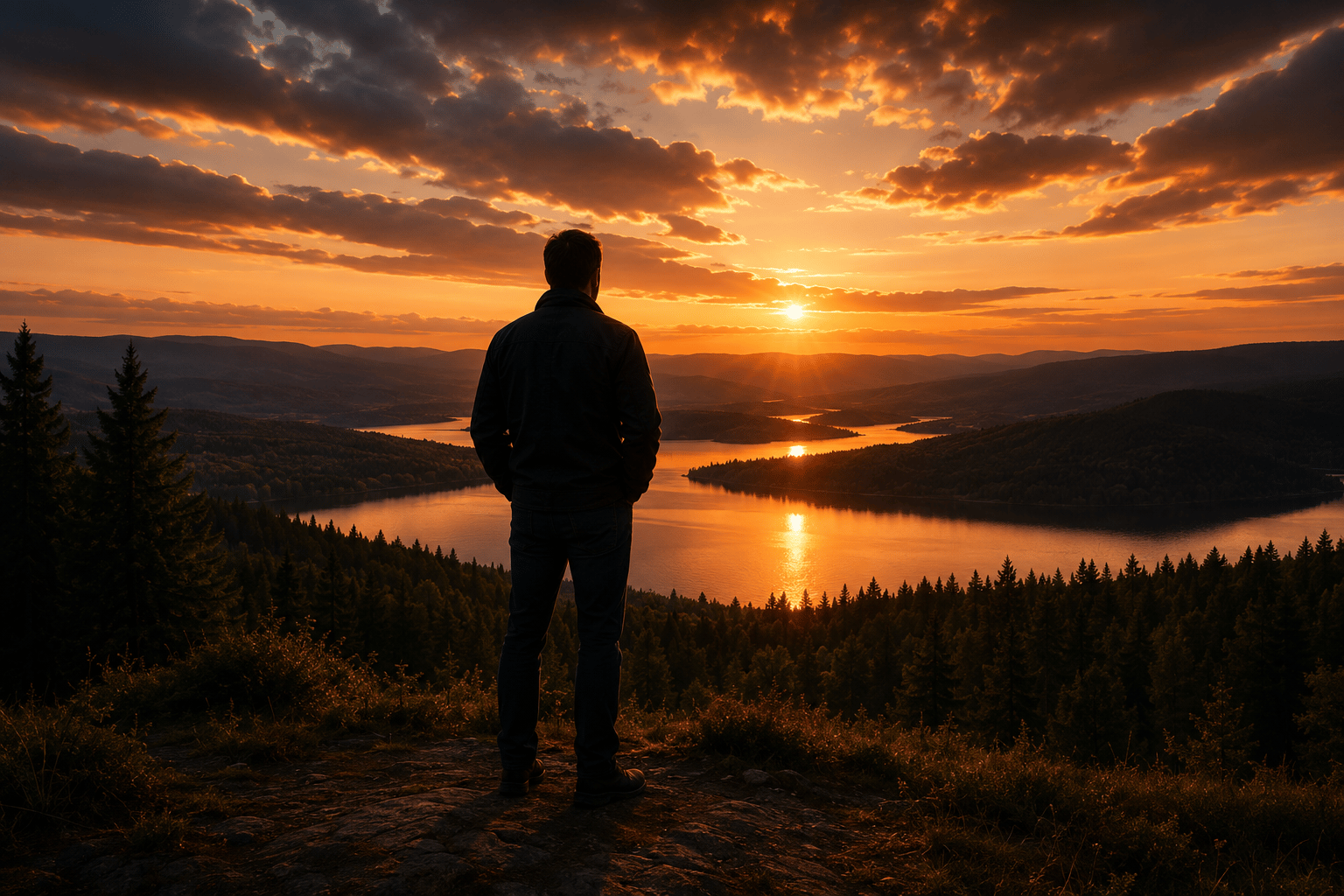 A man standing on a ridge at sunset, looking across a peaceful natural landscape