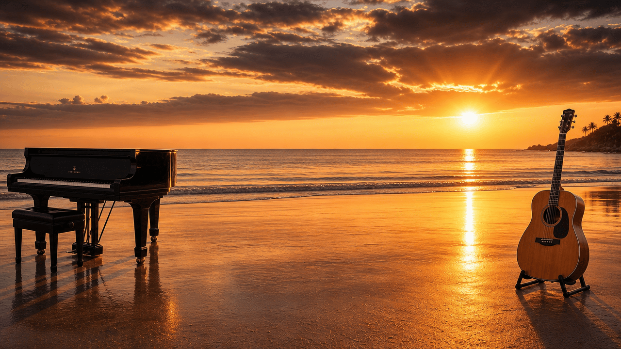 Grand piano and acoustic guitar at sunset, representing original music by JK Music
