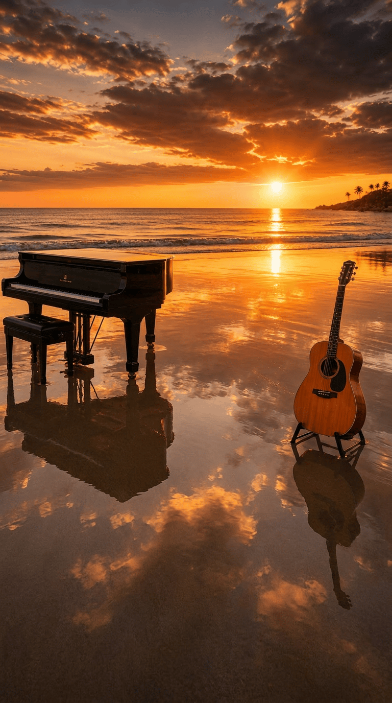 Grand piano and acoustic guitar at sunset, representing original music by JK Music